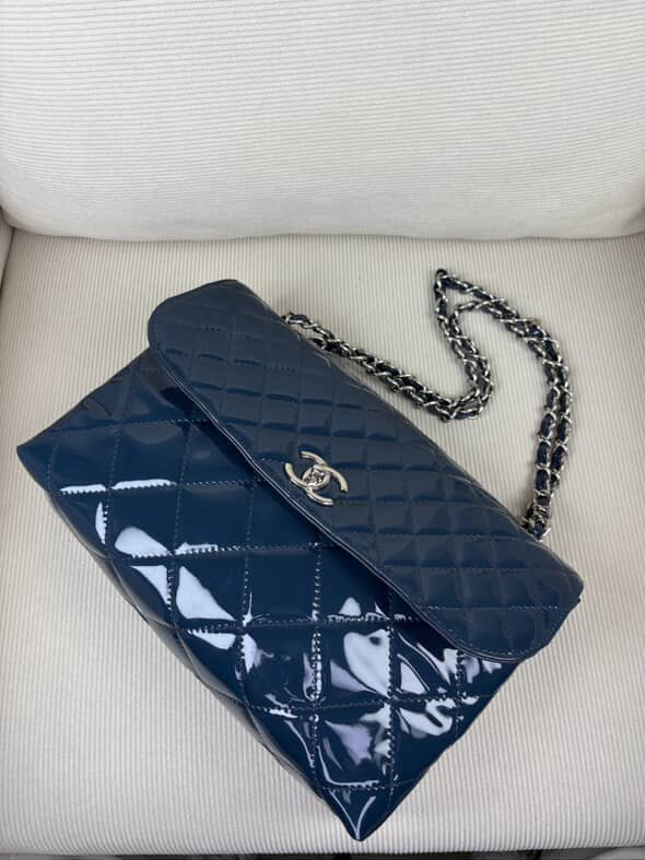 Authenticated Chanel Navy Patent Quilted Jumbo Flap from the Coconiko Collection inventory