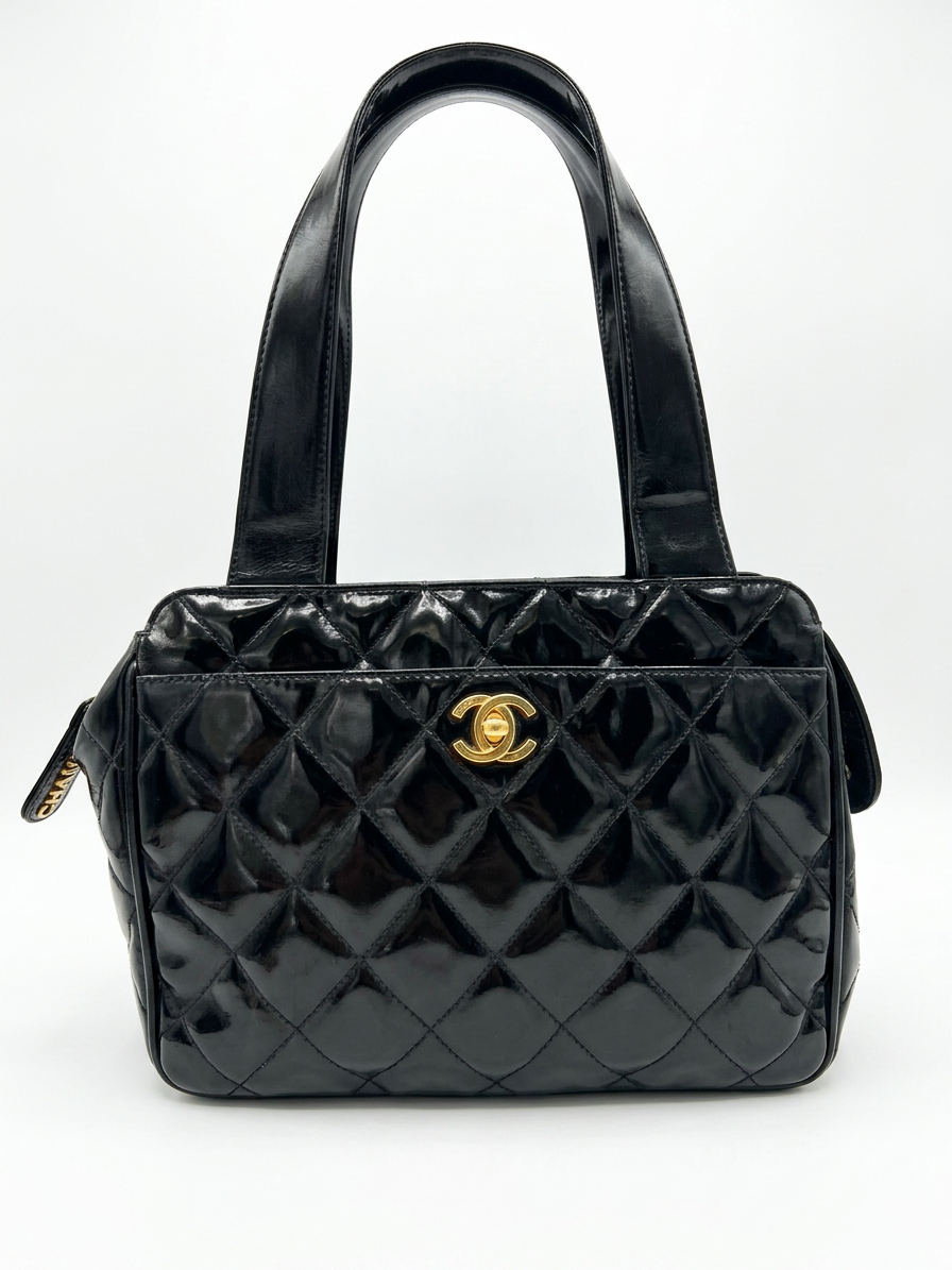 Black Patent Quilted Bowler