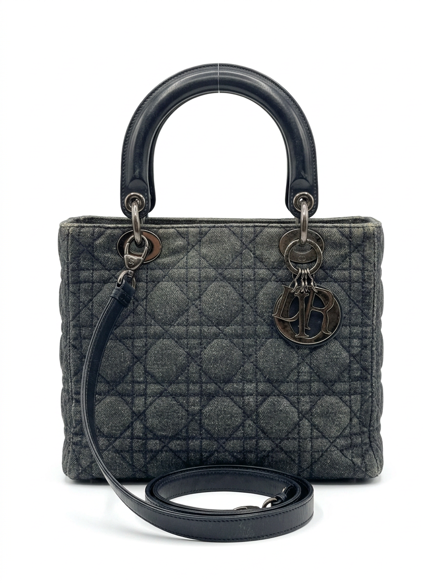 Lady Dior Medium — Grey Denim Cannage, Black Patent Handles