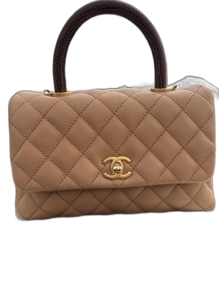 Coco Handle Medium — Beige Caviar with Brown Lizard Handle