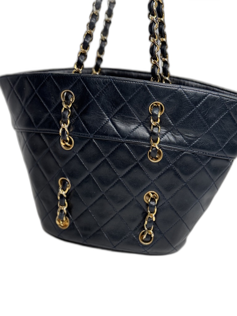 Vintage Quilted Bucket Tote — Navy Lambskin
