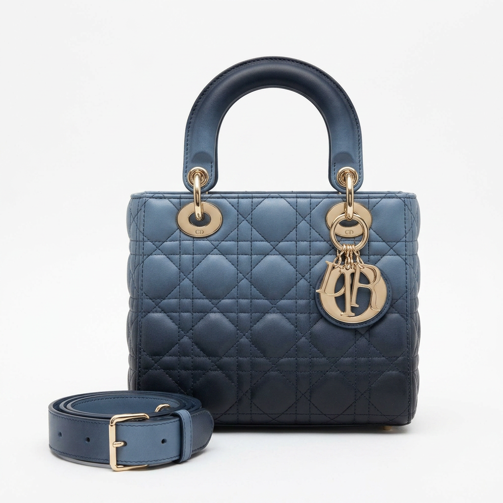 Authenticated Lady Dior Medium in blue lambskin cannage from the Coconiko Collection inventory