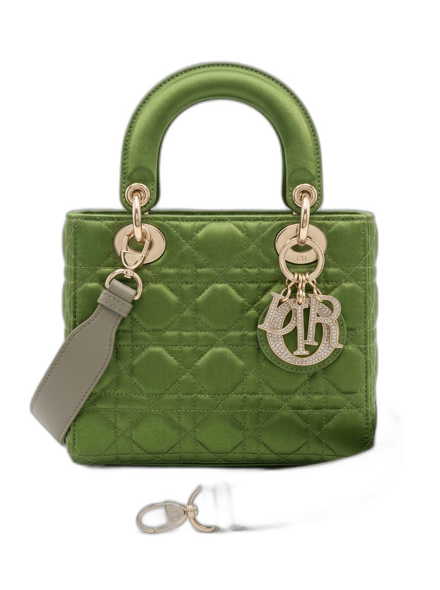 Mini Lady Dior — Green Satin Cannage, Crystal Charms